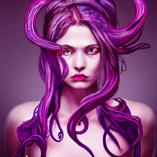 Prompt: artstation young teen with purple eyes and tentacles on her head in fury, very detailed, in glass , portrait, high contrast, vibrant, pink background