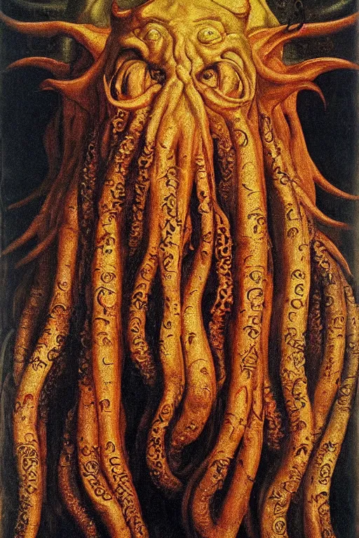 Image similar to portrait of cthulhu, oil painting by jan van eyck, northern renaissance art, oil on canvas, wet - on - wet technique, realistic, expressive emotions, intricate textures, illusionistic detail