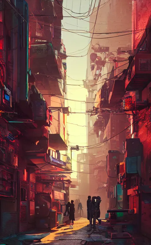 Prompt: a cyberpunk American alley with robots and humans walking around by marcel deneuve and beeple