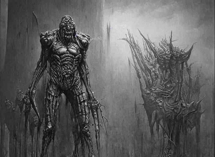 Image similar to demon berserker concept, beksinski, wayne barlowe, hr giger