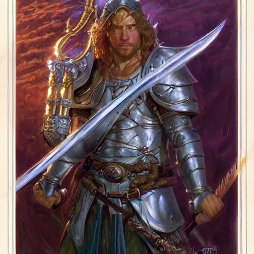 Prompt: Warrior of holy light holding his sword to the heavens as a fantasy D&D character, portrait art by Donato Giancola and James Gurney, digital art, trending on artstation