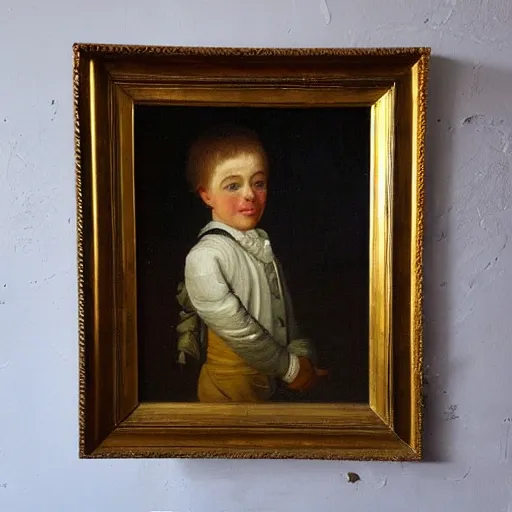 Prompt: 1700s classic oil painting of a boy in the street by Lisa Wright