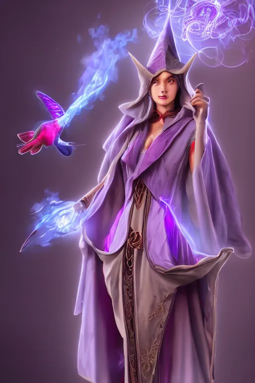Image similar to beautiful woman in prudish purple wizards apprentice robes with pointy hat at a crowded magical university, a flaming magical red flame hummingbird pet, full body shot unreal engine hyperreallistic render 8k character masterpiece digital art, cell shader shading, raytracing, comic art, manga, trending on Artstation, CGSociety