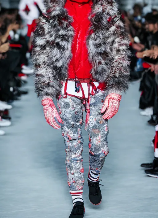 Image similar to hyperrealistic and heavy detailed moncler runway show of whole lotta red by playboi carti, leica sl 2 5 0 mm, vivid color, high quality, high textured, real life