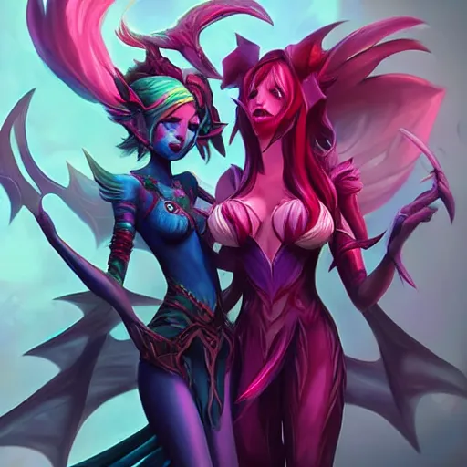 Image similar to league of legends, best friends, kai'sa and xayah, beautiful, laughing, photorealism