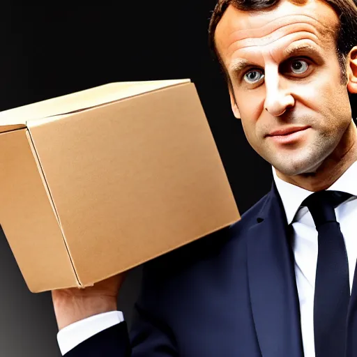 Prompt: photography, emmanuel macron carries a box, relocation, photorealistic, detailed, studio lighting, 4 k