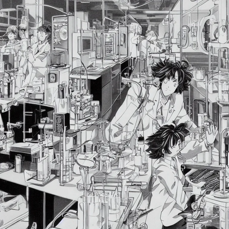 Prompt: a highly detailed 80's anime illustration of a scientist working in a lab, sharp focus, dramatic composition, rule of thirds, intricate, retro, volumetric lighting, no blur, no dof