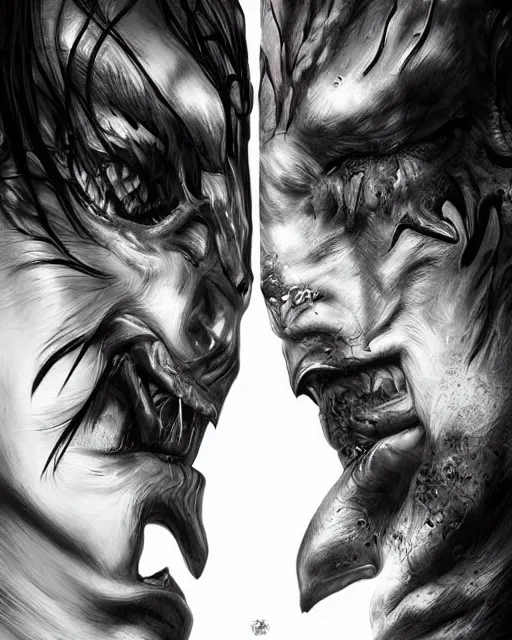 Image similar to epic art poster angel vs demon split face. close up extremely detailed trending on artstation award - winning art