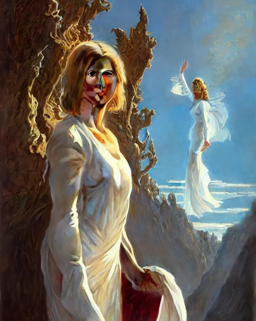 Image similar to Portrait of a Olivia Newton John going up to heaven, Michael Mcintyre looks on in background, real life skin, intricate, elegant, highly detailed, artstation, concept art, smooth, sharp focus, art by artgerm and greg rutkowski and alphonse mucha