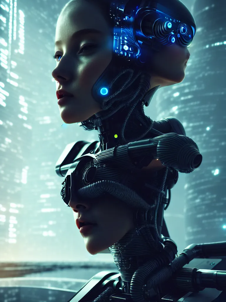 Prompt: ultra realistic, beautiful female cyborg lost in a space metropolis, sci-fi, cyberpunk, concept art, intricate details, eerie, highly detailed, octane render, 8k