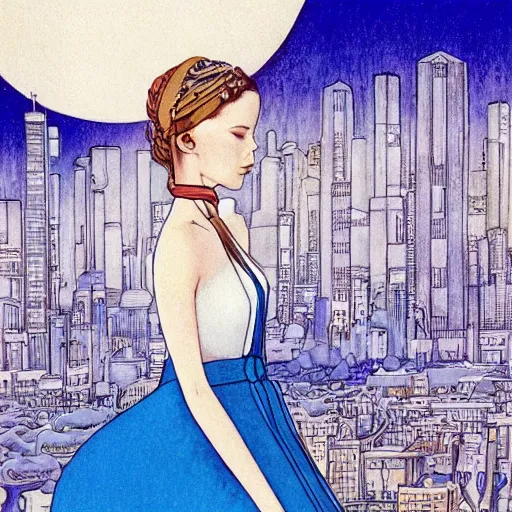 Image similar to A beautiful digital art of a young woman with big blue eyes. She has long lashes and a small mouth. Her hair is pulled back in a bun with a few stray hairs falling down. She's wearing a white dress with a blue sash and a blue scarf around her neck. In the background is a cityscape with tall buildings. by Kay Nielsen bold