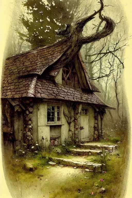 Prompt: (((((1950s witches cottage in the woods . muted colors.))))) by Jean-Baptiste Monge !!!!!!!!!!!!!!!!!!!!!!!!!!!