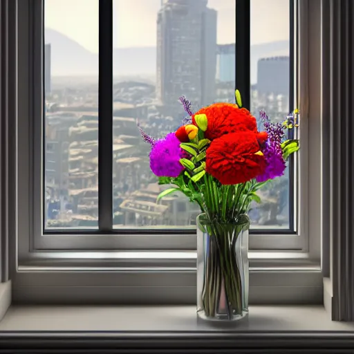 Image similar to a vase with a colorful and beautiful flower arrangement, placed on the windowsill. through the window you can see the beautiful city. noon. beautiful lighting, 4 k post - processing, trending in art station, cg society, highly detailed, 5 k extremely detailed, 3 d. cinematic scene.