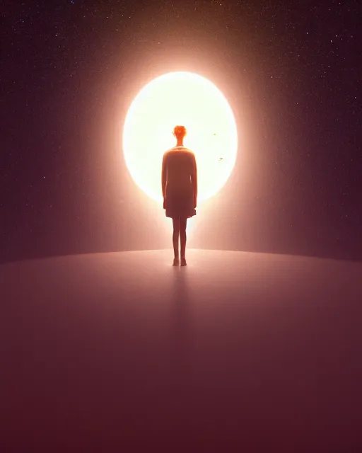 Image similar to a person standing in front of a glowy open door that's on a barren moon, poster art by mike winkelmann, trending on cg society, space art, sci - fi, ue 5, futuristic, volumetric lighting, light casting onto the ground, neat composition and camera angle