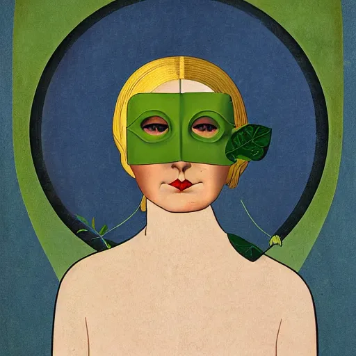 Image similar to Art in the style of Coles Phillips, Gaia, Mother Earth, side portrait, mask inside mask