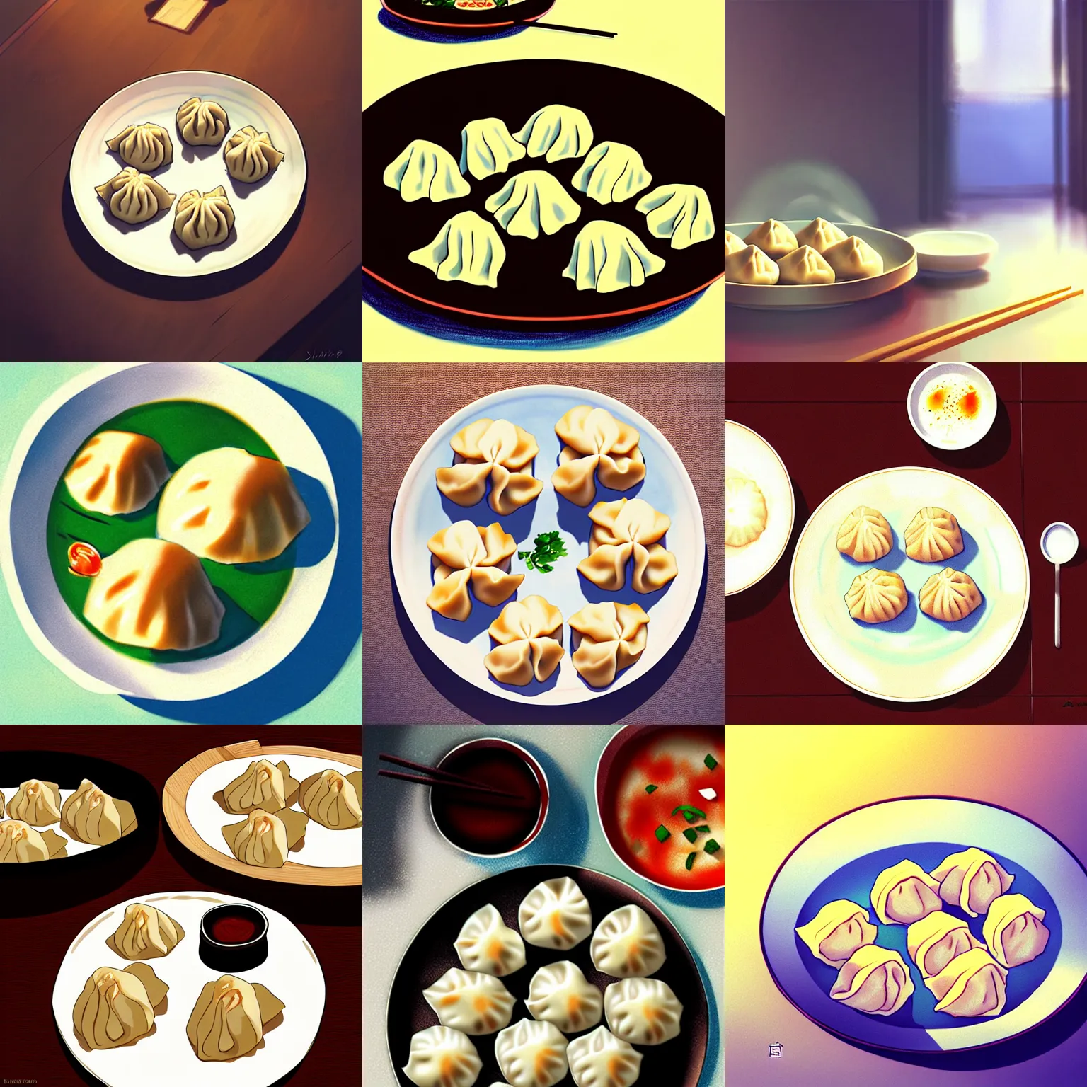 Prompt: dumplings on a plate, by makoto shinkai, digital art, illustrations