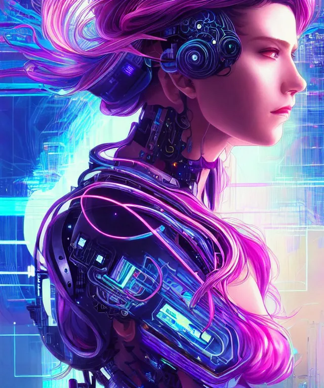 Prompt: beautiful adult woman wearing netrunner clothing, extremely detailed face, cyberpunk, cybernetic, cyborg, vaporwave aesthetic, synthwave, flowing hair, colorful, psychedelic, intricate, elegant, highly detailed, digital painting, artstation, concept art, smooth, sharp focus, illustration, art by artgerm and greg rutkowski and alphonse mucha