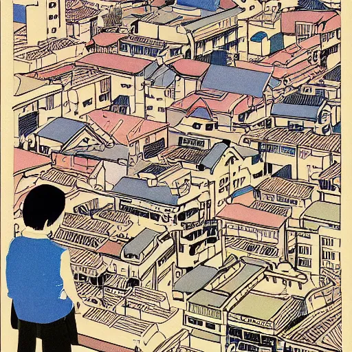 Image similar to the melancholic village of osaka by osamu tezuka, trending on pixiv