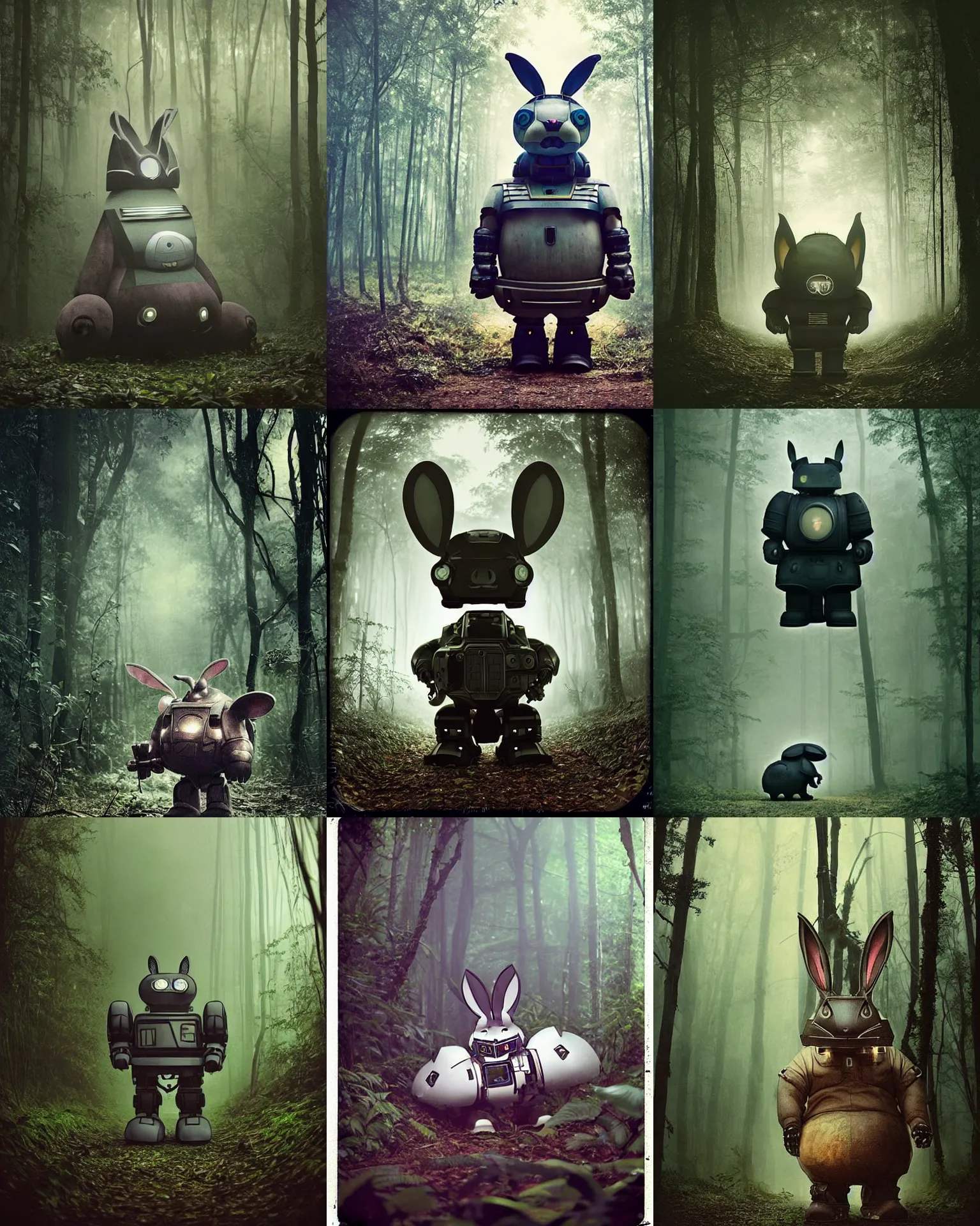 Prompt: dark night !!!giant oversized battle rabbit robot chubby fat mech with big ears , in jungle forest !!! , full body , nighttime, Cinematic focus, Polaroid photo, vintage , neutral dull colors, foggy ,by oleg oprisco , by victor enrich , by gregory crewdson , by discovery channel , by most wanted