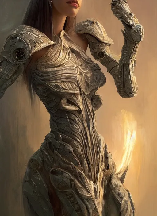 Image similar to a professional painting of a beautiful young female alien, clothed in ethereal armor, olive skin, long dark hair, beautiful bone structure, symmetrical facial features, intricate, elegant, digital painting, concept art, smooth, sharp focus, illustration, from Valerian and the City of a Thousand Planets, by Ruan Jia and Mandy Jurgens and Artgerm and William-Adolphe Bouguerea