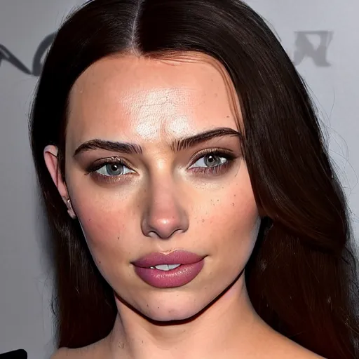 Image similar to a woman who is a genetic combination of kim kardashian and kat dennings and scarlett johansson and margot robbie and emma watson, face and upper - body focus, detailed eyes