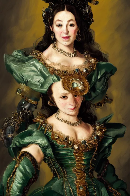 Image similar to portrait, headshot, digital painting, of a 17th century, beautiful lady cyborg merchant, dark hair, amber jewels, dark green satin clothes, baroque, ornate clothing, scifi, futuristic, realistic, hyperdetailed, chiaroscuro, concept art, art by frans hals