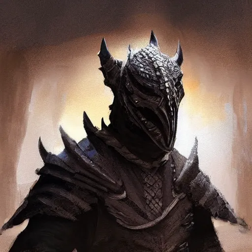 Image similar to digital art painting of a black dragonborn!!! wearing wizard robes!!!, dnd portrait painted by craig mullins and gaston bussiere and greg rutkowski