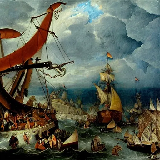 Image similar to A giant squid destroying a cruise ship in the middle of the ocean, oil painting by Jan Steen