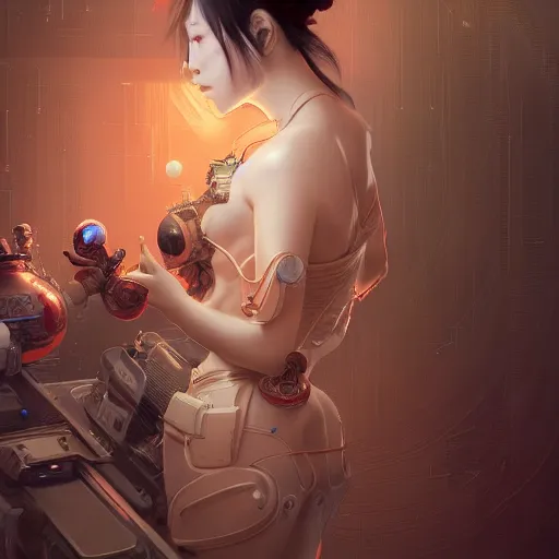 Image similar to hyperrealistic photography of a machine entering a beautiful venus female host in the style of jin kagetsu, james jean and wlop, highly detailed, sharp focus, intricate concept art, digital painting, ambient lighting, 4 k, artstation