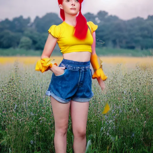 Prompt: misty from pokemon, orange hair in a side ponytail, wearing a yellow shiort sleeved crop top, blue denim short shorts with red suspenders on top, standing in a field, by gottfried helnwein, dslr full body portrait, sigma 8 5 mm f 1. 8