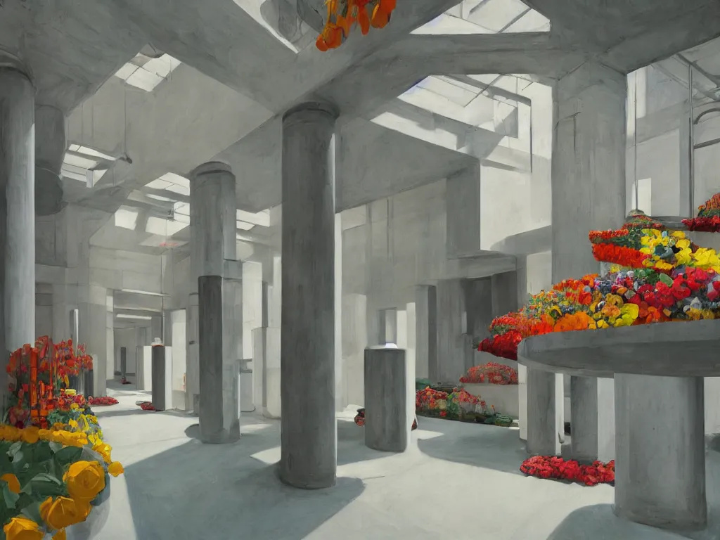 Image similar to colorful minimalist industrial interior hallway with monolithic pillars in the style of ridley scott and stanley kubrick, impossible architecture, pool ceiling, bed of flowers on floor, ultra view angle view, lone person in the distance, realistic detailed painting by edward hopper