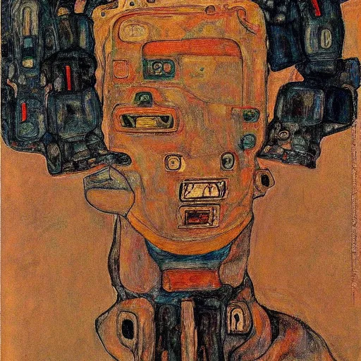 Image similar to portrait of a robot by egon schiele in the style of frank frazetta
