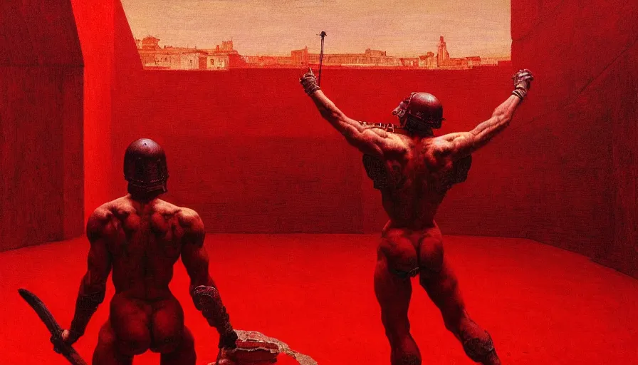 Image similar to only with red, a red gladiator in a crowded roman amphitheatre, crowd cheers him, in the style of beksinski and edward hopper and rodcenko and yue minjun, intricate and epic composition, red by caravaggio, highly detailed, masterpiece, red light, artstation