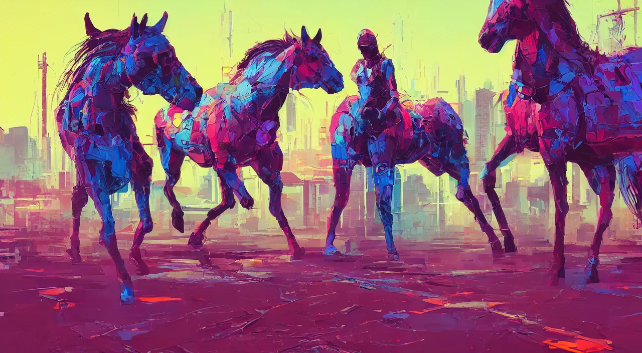 Prompt: a graph style gauche impasto, the horse is not mine, cyberpunk art by james gilleard, city depth of field, cgsociety, retrofuturism, synthwave, retrowave, outrun, realistic.