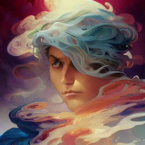 Prompt: swirling clouds in a stormy sky forming the shape of the face of a wise but stern old man. Colorful, reds, yellows, blues. Beautiful, dreamy digital art by Artgerm and Greg Rutkowski and Alphonse Mucha