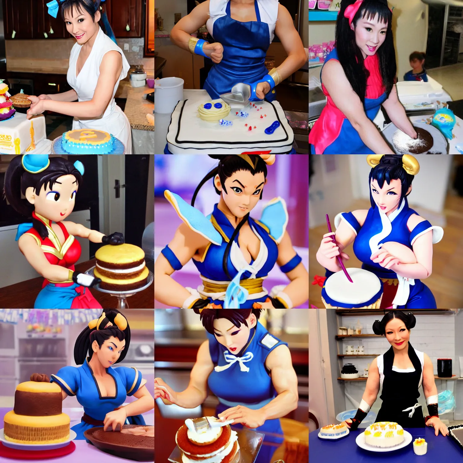 Prompt: chun - li from street fighter making cakes