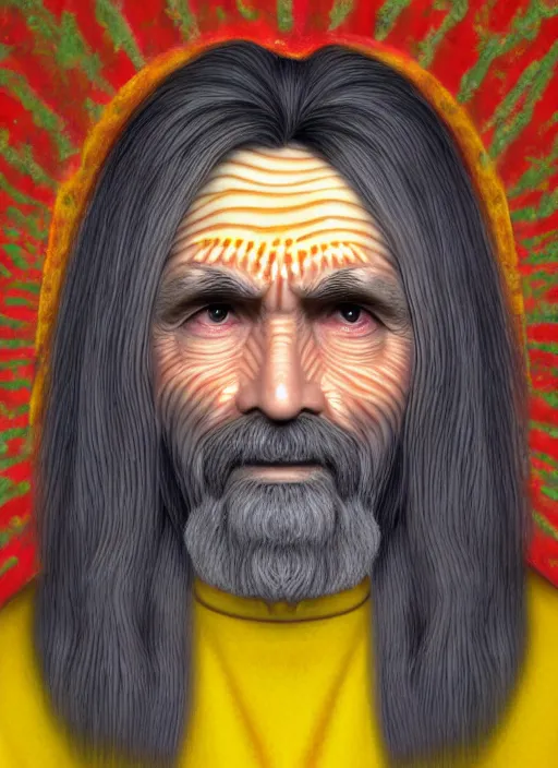 Prompt: 3 d render by alex grey depicting charles manson wearing a corn costume, 8 k, blender, wayne thiebaud brushstrokes