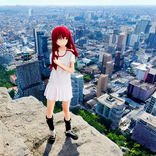 Image similar to anime girl looks from a cliff at a huge city