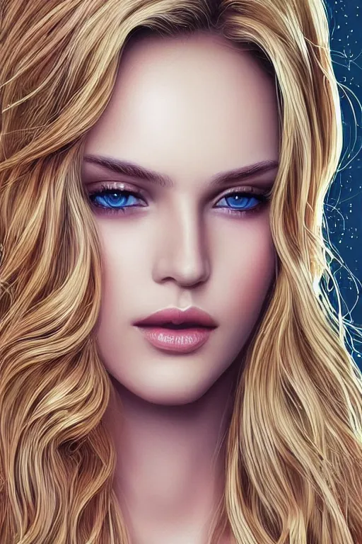 Prompt: beautiful blonde young woman's face, intricate, synth-wave, retrowave, highly-detailed, elegant, dramatic lighting, gorgeous face, lifelike, photorealistic face, long luxurious intricate gown, digital painting, artstation, illustration, concept art, smooth, sharp focus, art by Craig Russel, Barry Smith, artgerm, and Albert Aublet and Krenz Cushart and Artem Demura and Alphonse Mucha