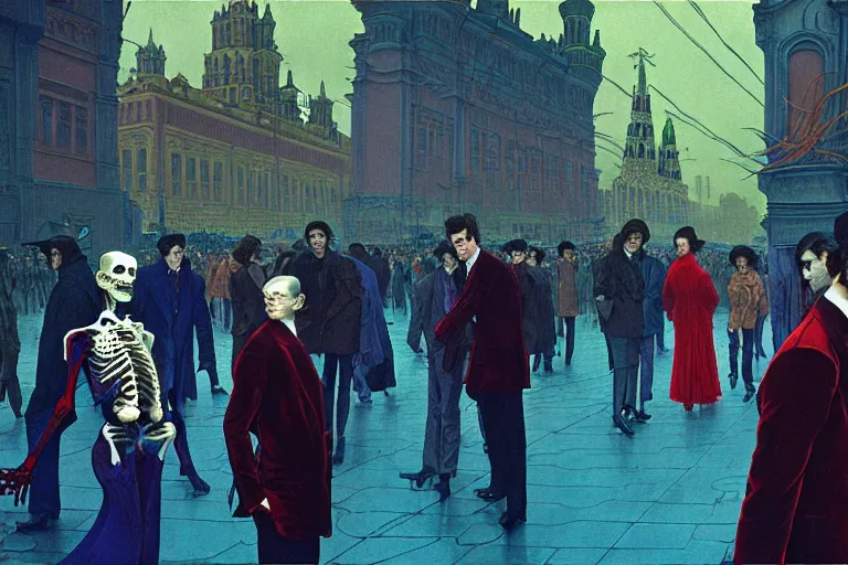 Image similar to realistic detailed photorealistic film portrait shot of a single skeleton wearing crimson velvet blazer in a crowded futuristic moscow street by Denis Villeneuve, Amano, Yves Tanguy, Alphonse Mucha, Ernst Haeckel, Andrei Tarkovsky, Edward Robert Hughes, Roger Dean, rich moody colours, wide angle, blue eyes