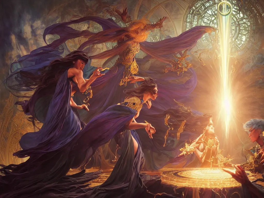 Image similar to painting of powerful stylish sorcerer and a cleric banishing shadow creatures with a rainbow spell, ultra realistic, concept art, intricate details, eerie, highly detailed, photorealistic, octane render, 8 k, unreal engine. art by artgerm and greg rutkowski and magali villeneuve and alphonse mucha