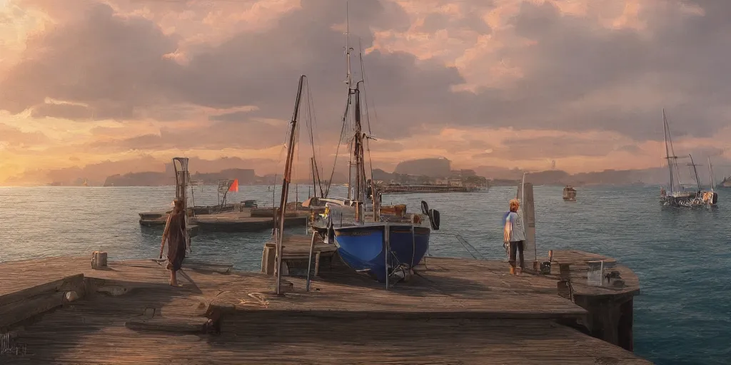 Prompt: wood dock, child at edge of dock, big fishing boat next to the dock with waving sailors. low angle, sunrise, a mediterranean phoenician fishing village in the distance, chalk cliffs above, highly detailed, digital painting, artstation, concept art, sharp focus, illustration, art by artgerm and raphael lacoste and magali villeneuve