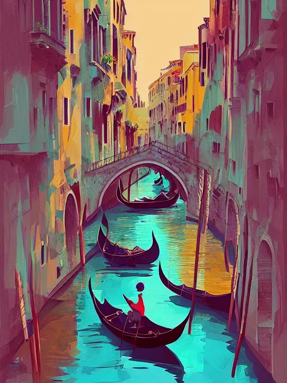 Prompt: an illustration of a canal in venice with a gondola, minimalist vector illustration, digital painting, vector art, trending on artstration, trending on behance, by anton fadeev, by alena aenami, by makato shinkai