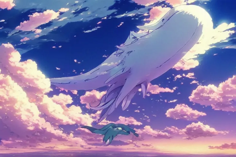 Prompt: painting of a dreamy cloudscape, a flying leviathan in the foreground, exterior wide shot, otherworldly and ethereal by kazuo oga in the anime film by studio ghibli, screenshot from the anime film by makoto shinkai