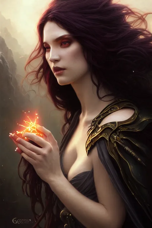 Image similar to seductive looking sorceress prays!!! magic the gathering, windy hair!, surreal dark fantasy, cinematic volumetric lights, portrait, dnd, intricate, elegant, highly detailed, digital painting, artstation, concept art, smooth, sharp focus, illustration, art by artgerm and tom bagshaw and greg rutkowski and alphonse mucha