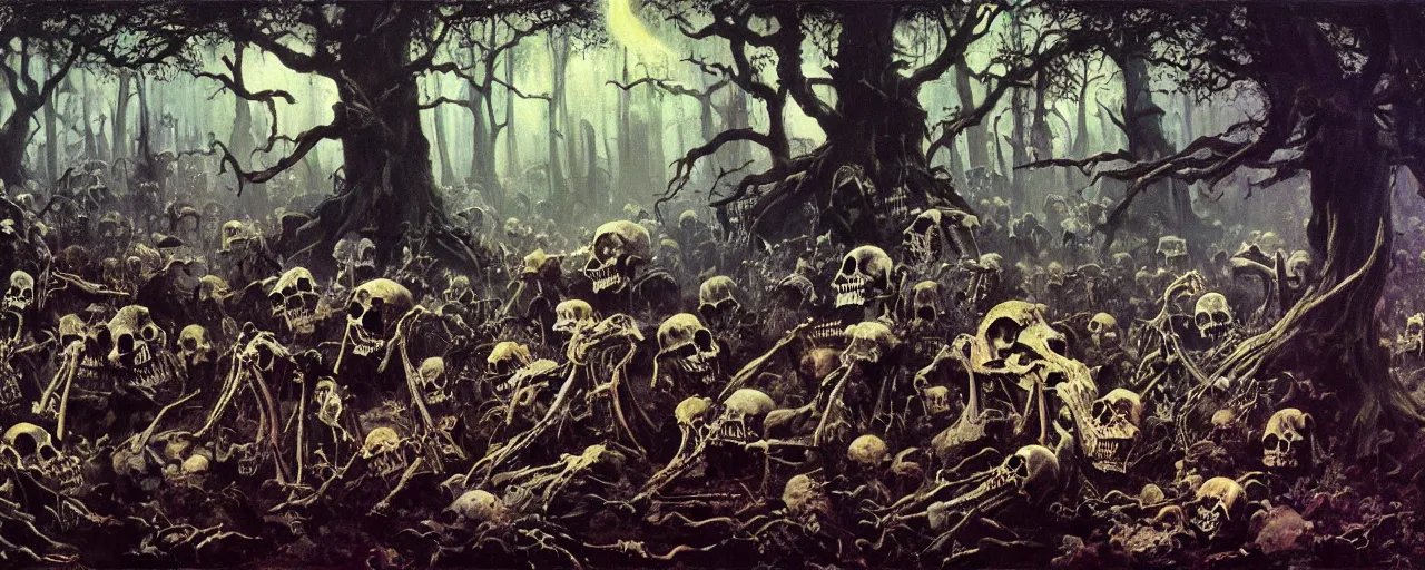 Image similar to frazetta painting of forest of souls filled with skeletons on the ground, nighttime ,daytime , backlight , detailed visible brushmarks