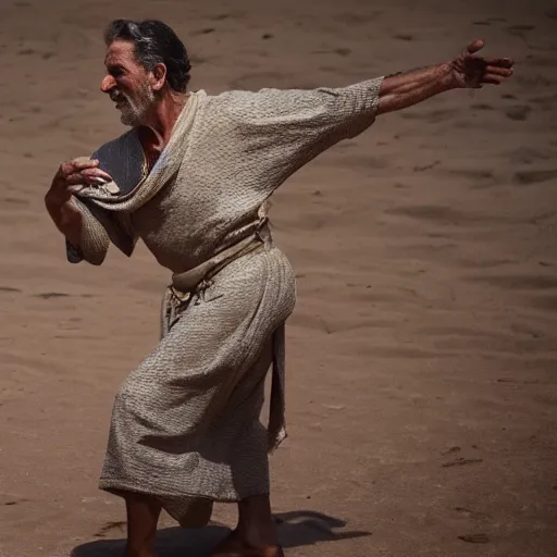 Prompt: beautiful cinematic still portrait of 50 year old Mediterranean skinned man in ancient Canaanite clothing dancing in the sunrise, energy, vibrancy, passion, Biblical epic directed by Steven Spielberg