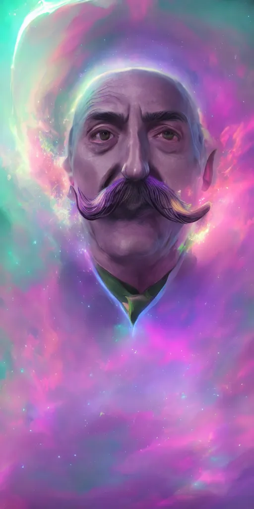 Image similar to a wizard with a salvador dali moustache in space, purple and green colors, digital painting, volumetric lighting, 8k, artstation