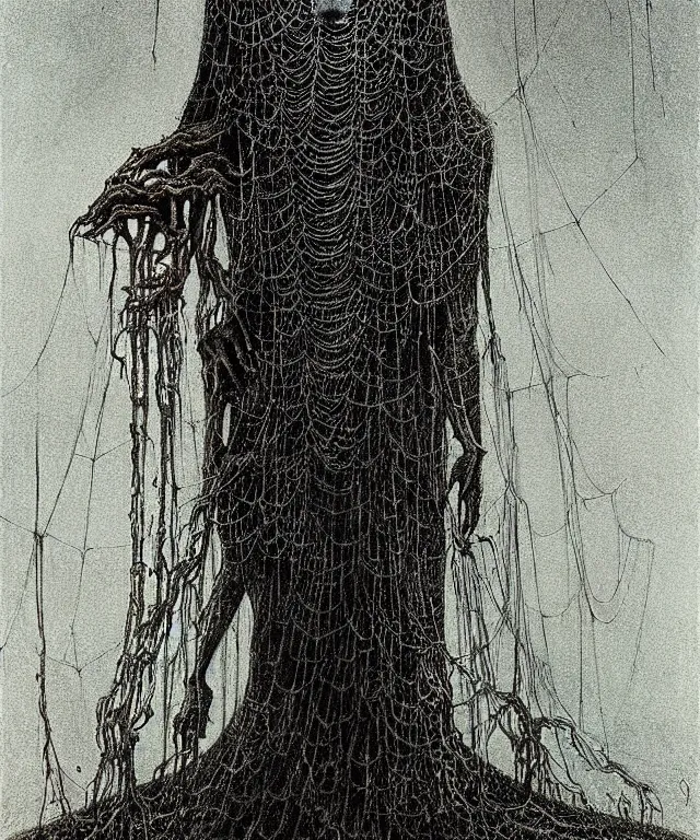 Image similar to a woman standing all covered in spiders. illustration of arachnophobia, fear of spiders, incredible number of spiders and bugs. extremely high details, realistic, horror, creepy, web, masterpiece, art by zdzislaw beksinski, arthur rackham, dariusz zawadzki