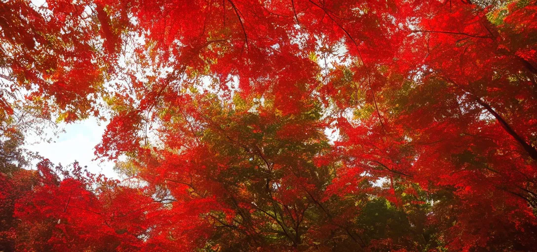 Prompt: a landscape of red leaves, above the canopy, the air filled with gusts of red leaves, in the style of Ghibli